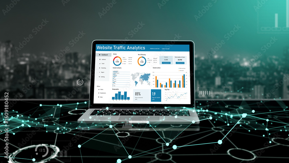 Poster computer software for website traffic analytics data on computer screen. concept of seo search engin