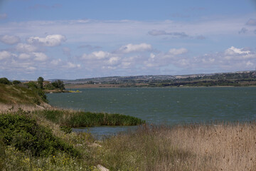 City Skyline Across a Windy Lake with Grassy Hillside in the Foreground