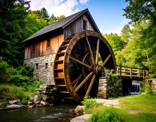 Old wooden watermill in a lush forest