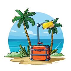 Obraz premium Whimsical Summer Suitcase Floating with Signpost Cartoon Vector Illustration