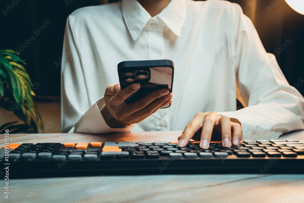 Aufkleber business concept of working. professional person using smartphone and typing on keyboard in modern w