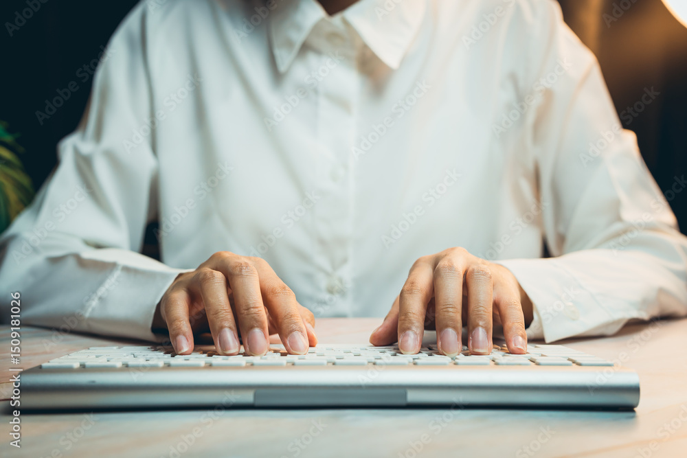 Poster business concept of working. professional focus on typing at desk with hands on keyboard in modern o