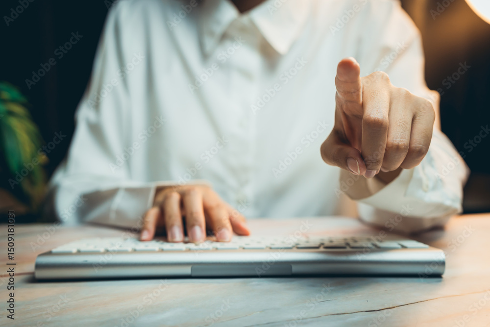 Poster business concept of working. focused businesswoman using computer keyboard with gesture in modern of