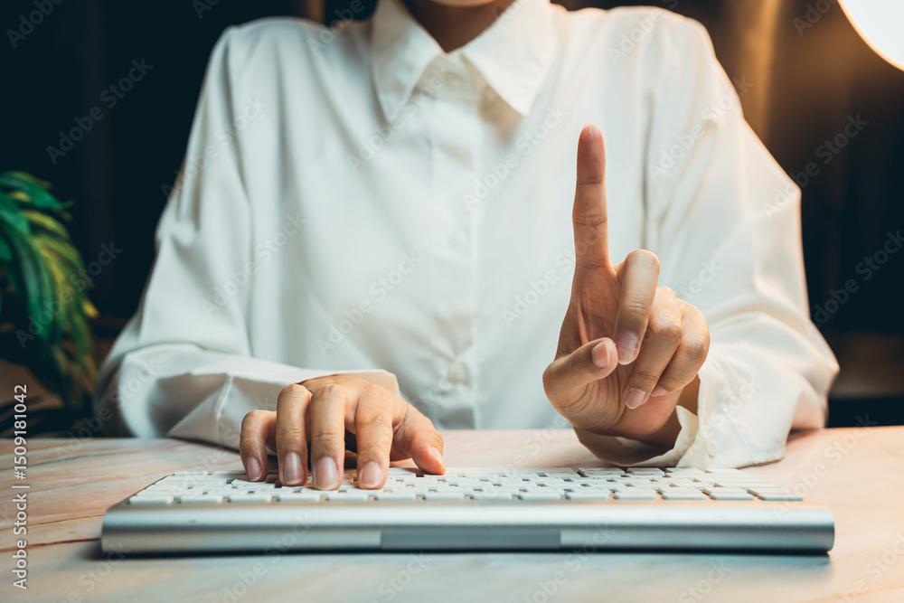 Poster business concept of working. focused professional gesturing for attention while using a computer key