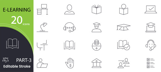 E-learning thin line icon set. Online education icon set. Education, school , knowledge, Online Course, E-Book, teacher and  certificate related outline icons collection.