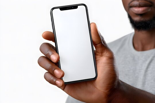 African American man holds smartphone with blank screen against