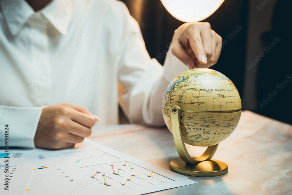 Poster business concept. business professional examining globe and analyzing graphs with data visualization