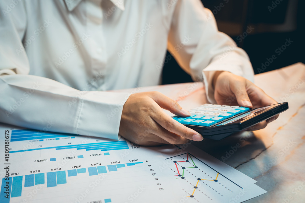 Poster business concept. business analysis and financial calculation with mobile device and charts on table