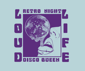 Retro vintage disco club vector design, Disco girl eating disco ball vector art, Vintage disco party artwork for t shirt, poster, wall art