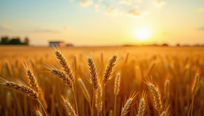 Naklejka premium Golden wheat field at sunset evokes a sense of peace, warmth, and agricultural abundance.