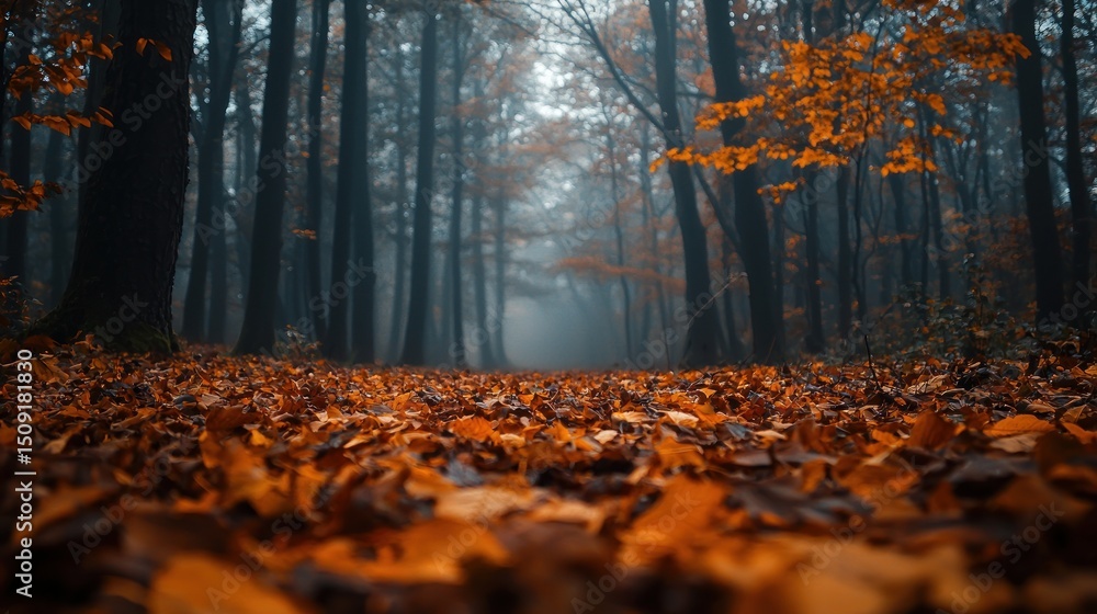 Poster a path through a misty autumnal forest.
