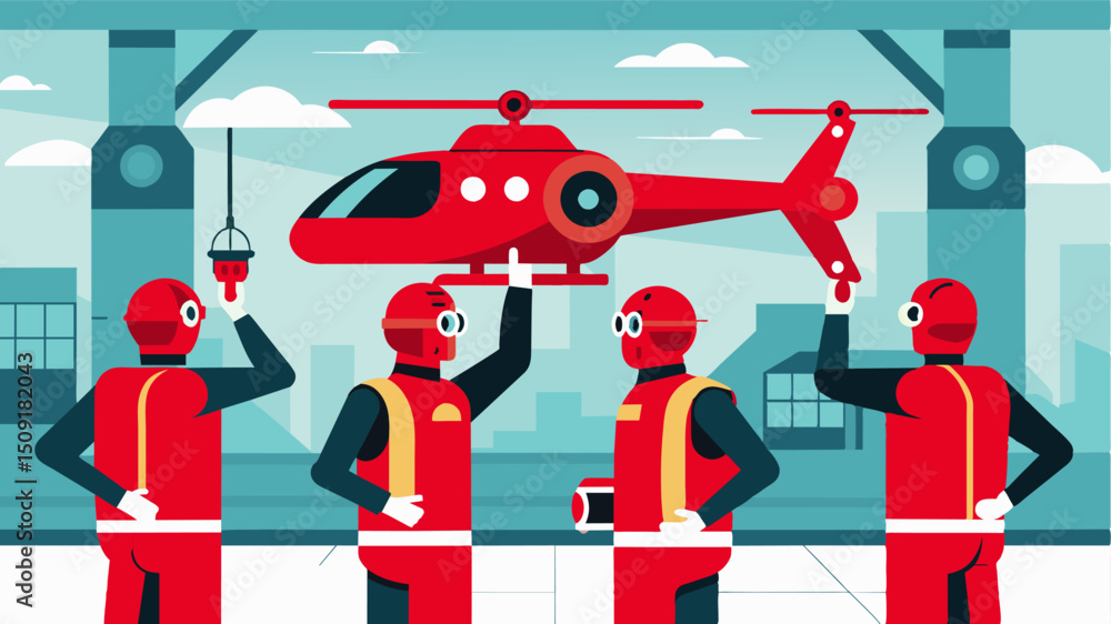 Poster a group of robotic arms clad in vibrant red carrying out routine maintenance checks on the intricate