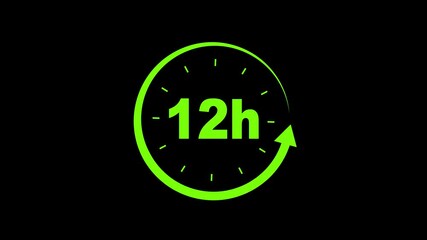 12 hours service icon 4k animation. Clock , timer (time passage , waiting time) animation. 12 hours clock or time icon hd animation with black background.