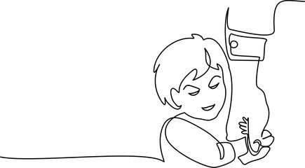 Child holds hand of father with love. Fathers day card.