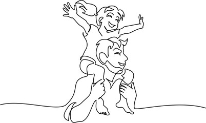 Father dad carries daughter on his shoulders. Hand-drawn picture silhouette.