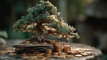 Fototapeta premium A small bonsai tree grows on a pile of neatly stacked gold coins, symbolizing wealth and financial growth.