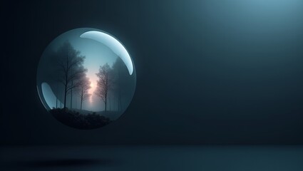 Fototapeta premium A mysterious glass sphere contains a misty forest with a glowing sunset, symbolizing encapsulated nature, environmental protection, or a precious world.