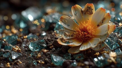 A delicate flower blooms among shattered glass and glittering fragments, symbolizing resilience and beauty in harsh surroundings.