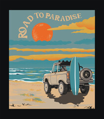 Retro summer beach surfing vector art, vintage surfing boat with truck vector art, Colorful beach artwork for t shirt, poster, graphic print