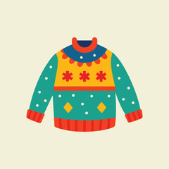 Colorful illustrated christmas sweater design with festive snowflakes and diamond patterns on cream background