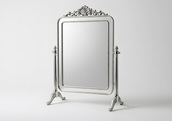 Ornate silver standing mirror against white background