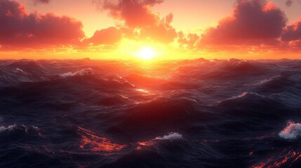 Obraz premium Fiery Sunset Over Ocean Waves