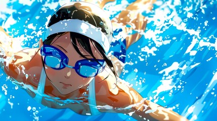 Woman swimming in pool with goggles on her head and swimming goggles on her head.