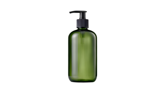 Green glass bottle with black pump dispenser soap bottle product packaging