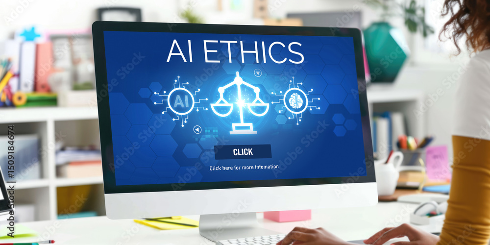 Poster ai ethics responsibility standard law and rules on computer screen provide report of ai ethic transp