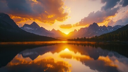 Golden sunset over a tranquil mountain lake.