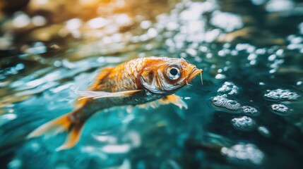 Obraz premium Close-up of a golden fish swimming in water.