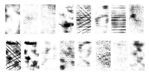 Overlay textures set stamp with grunge effect. Old damage Dirty grainy and scratches. Set of different distressed black grain texture.  Set of different distressed black grain texture. Distress overla