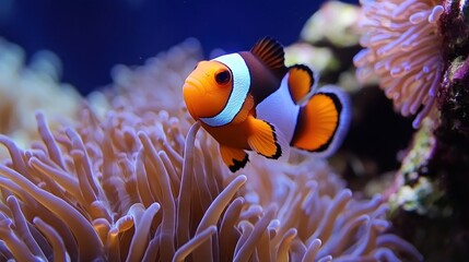 Close-up of a clownfish amidst an anemone.