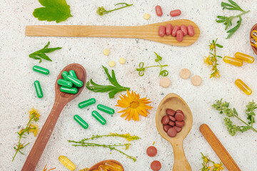 Plant based supplements, natural vitamins, fresh herbs and flowers. Organic ingredients medication