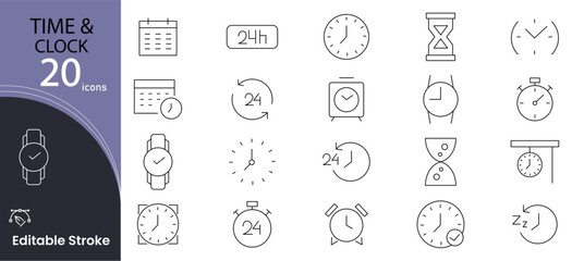 Time and clock line icon set. Clock, smart watch, fast shipping, clock, alarm, bell, person hour, timer, speed, restore, management, calendar and watch related outline icon collection. Editable stroke