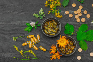 Plant based supplements, natural vitamins, fresh herbs and flowers. Organic ingredients medication
