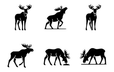 Fototapeta premium Six silhouettes of majestic moose in various poses and attitudes. Each image showcases the moose's distinctive antlers and body structure
