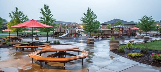 Fototapeta premium Dusk in a rain soaked urban park, a serene escape amidst the bustling city life and nature s charm.