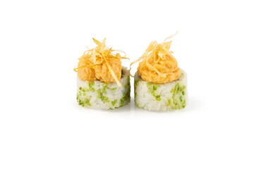 Two gunkan maki sushi rolls with spicy cod roe and crispy onions