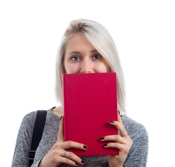 Woman student cover her mouth using a red book. Partially hide face expression. Mind healthiness...