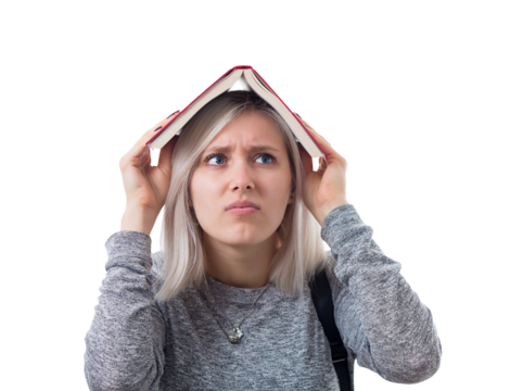 Confused thoughtful young woman student holding a book on her head. Confused face emotion, unhappy feeling, difficult task to solve. Anxiety and headache educational concept