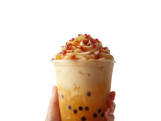 Tropical Indulgence: A hand delicately cradles a luscious mango passionfruit blended beverage, the creamy swirl crowned with sweet toppings, ready for a refreshing taste.