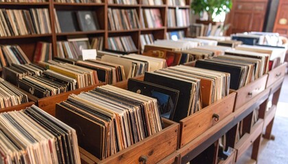 Fototapeta premium A vast collection of vintage LP vinyl records, arranged to create a nostalgic and artistic backdrop. Their classic labels and grooves evoke the timeless charm of analog music.
