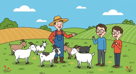 Farmer Showing Goasts to Happy Visitors on Sunny Day