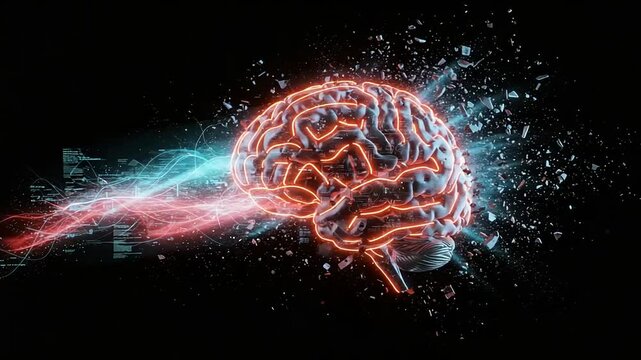 Exploding brain with glowing lines and digital particles