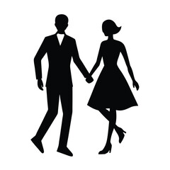 Couple Holding Hands Walking Minimal Style Silhouette Vector Art Illustration