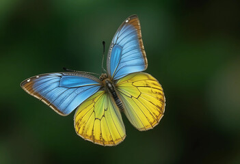 Fototapeta premium Blue-yellow butterfly fluttering, clear background.