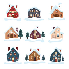 Fototapeta premium Festive Winter Houses Illustration for Seasonal Designs | Vector EPS