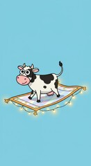 A whimsical illustration of a cow soaring on a magic carpet, adorned with twinkling lights against a serene light-blue backdrop. A cheerful and imaginative scene.