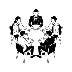 Negotiation: A top-down view of a business meeting in black and white. The scene highlights a serious business setting with business people engaged in a discussion around a circular table.